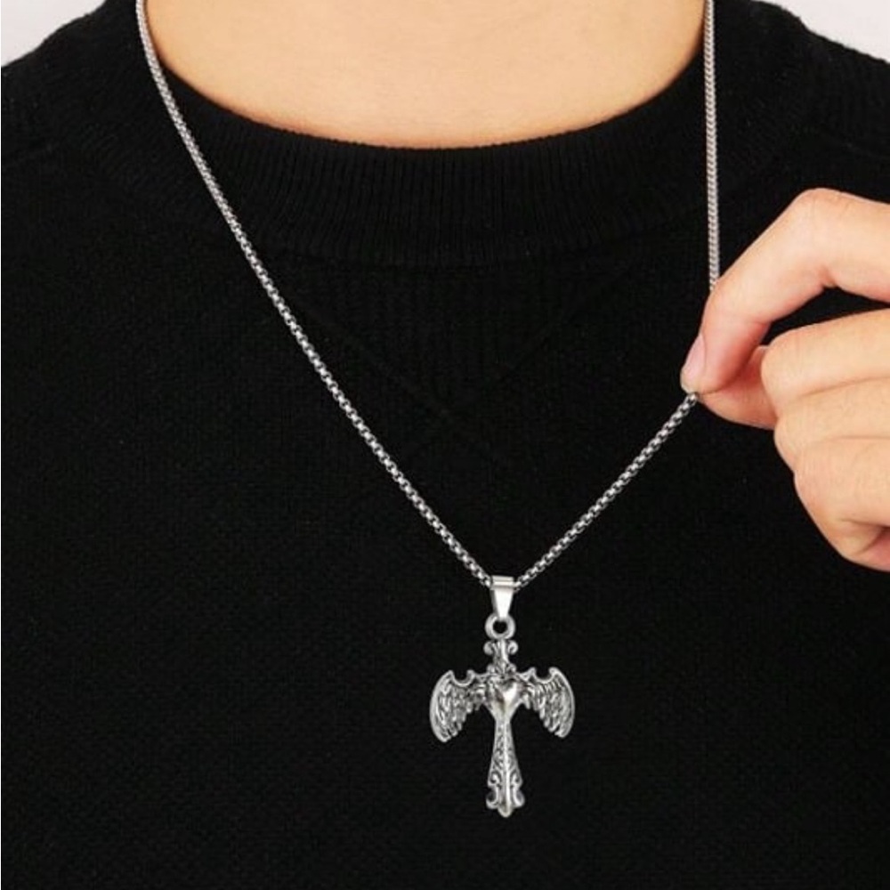 Vintage Style Cross, Heart & Wing Pendant Necklace,